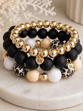 Beaded Animal Print Stack with Cream & White